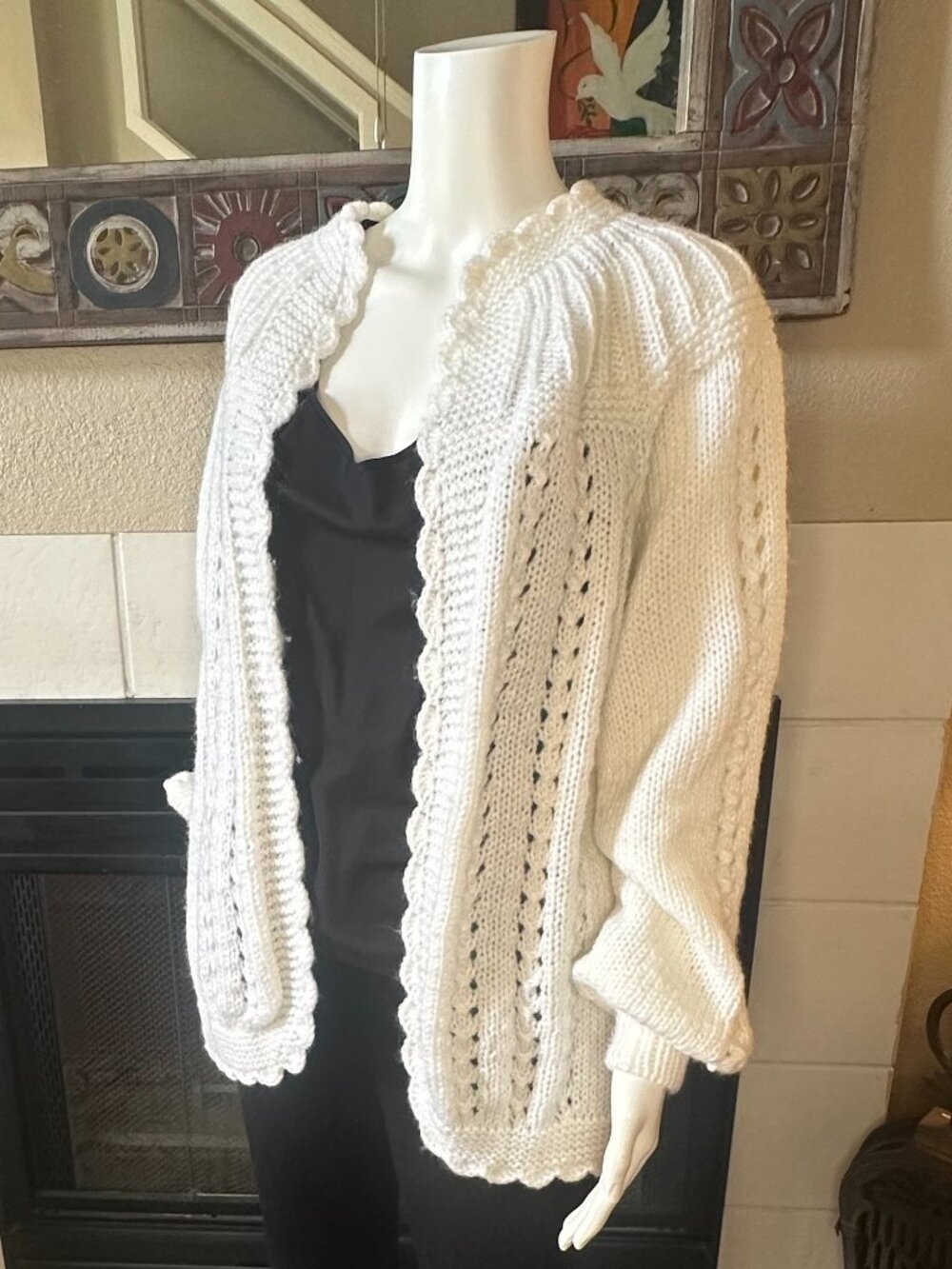 Vtg Hand knitted ivory white Chunky knit heavy Cardigan jacket 2X Bishop sleeve